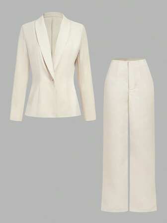 SHEIN Privé Women's Ruched Waist Pencil Pants + Loose Blazer Suit, Business Commute Outfit