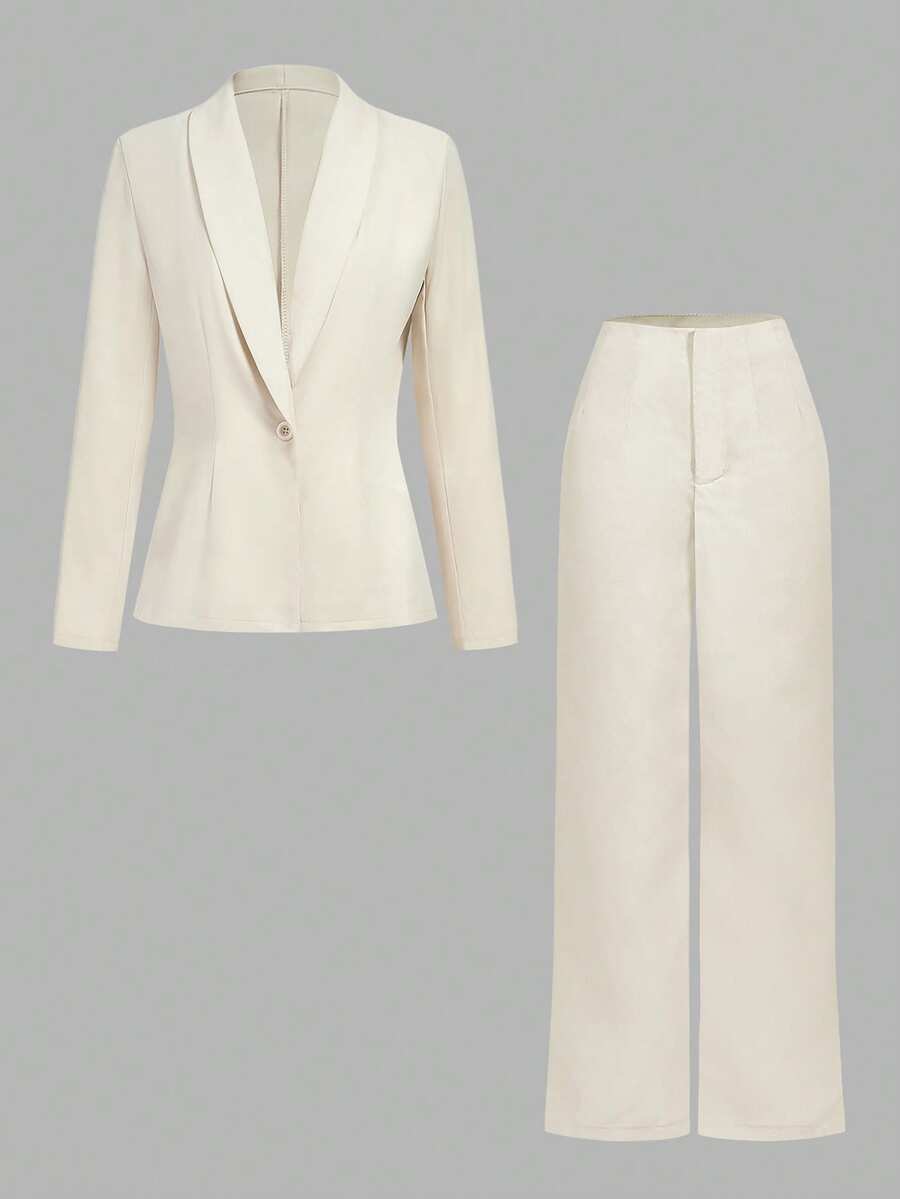 SHEIN Privé 女士褶皱腰身铅笔裤+宽松西装外套套装，商务通勤装 - 杏色 - 查看 1