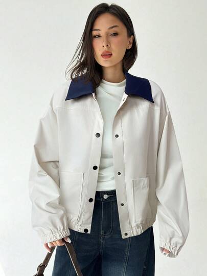 Aloruh Women's Casual Contrast Color Collar Regular Jacket, Autumn A Light Beige Collar Paired With A Coffee-Colored Loose-Fitting Coat – A Simple And Stylish Office Commuter Outfit.