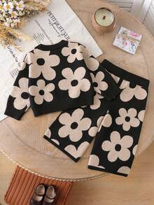 SHEIN Playful Pals 女婴时尚休闲可爱图案提花针织长袖上衣和裤子套装，秋冬两件套，秋冬套装毛衣裤子两件套，花卉针织套装，秋冬两件套，女婴保暖套装，两件套，婴儿套装，秋冬季婴儿针织衫，女婴秋季针织毛衣