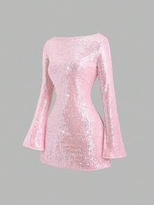 Sweetra 女士圣诞派对亮片连衣裙，闪亮连衣裙，新年装扮，适合春季、秋季、冬季、派对、通勤、日常、旅行、度假，粉色收腰喇叭长袖A字迷你连衣裙 - 淺粉色 - 查看 1