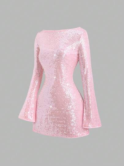 Sweetra 女士圣诞派对亮片连衣裙，闪亮连衣裙，新年装扮，适合春季、秋季、冬季、派对、通勤、日常、旅行、度假，粉色收腰喇叭长袖A字迷你连衣裙