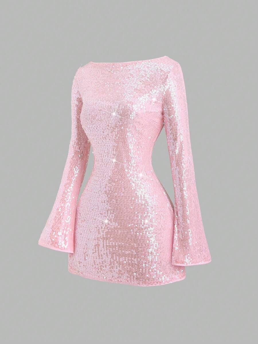 Sweetra 女士圣诞派对亮片连衣裙，闪亮连衣裙，新年装扮，适合春季、秋季、冬季、派对、通勤、日常、旅行、度假，粉色收腰喇叭长袖A字迷你连衣裙 - 淺粉色 - 查看 1