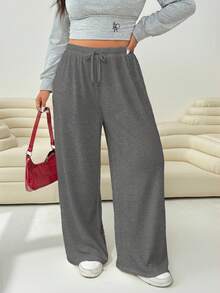 Solflare 大码女式灰色抽绳腰带口袋休闲阔腿裤，秋冬季 - 灰色 - 查看 3