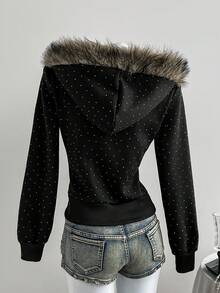 Elamini 女士黑色砖纹亮片针织抓绒卫衣，人造毛领，撞色拼接，长袖，修身版型，带口袋，前拉链，秋冬休闲装，适合上学、毕业典礼、复古街头风、通勤、派对等场合。