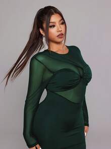 NU&NOW Vestido de festa sexy plus size feminino de manga comprida, gola redonda e detalhes em tule. - Verde - Ver 7