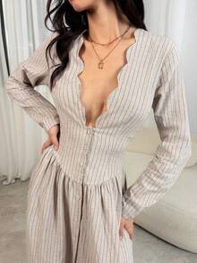 SHEIN Tall 棉麻女士长袖连衣裙，休闲度假连衣裙，V领A字长裙，女士休闲装，女士沙滩装，女士端庄连衣裙，女士春夏连衣裙，女士秋季连衣裙 - 杏色 - 查看 8