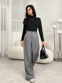 SHEIN Tall 教师装女装灰色褶裥优雅长裤带口袋，秋冬灰色高腰阔腿裤宽松大码裤商务职业女装宽松阔腿裤秋季女装冬季女装外出下装