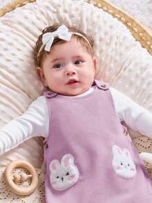 SHEIN Newborn Baby Girls Cute Cartoon Print Knitted Long Sleeve Dress & Top Set, Casual - Multicolor - View 5