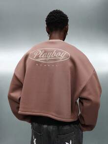 PLAYBOY X SUMWON 男士圆领卫衣，撞色滚边细节，短款套头衫，都市街头风 - 棕色 - 查看 2