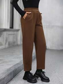 EMERY ROSE Women's Espresso Brown Elastic Waist Pocket Tapered Casual Pants,Autumn Date High Waist Loose Versatile Brown Pants Winter Clothes For Women Tall - Brown - View 4