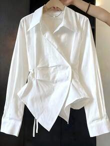 Resyla 女士纯色收腰长袖衬衫，腰部褶皱设计，纽扣袖口 - 白色 - 查看 3