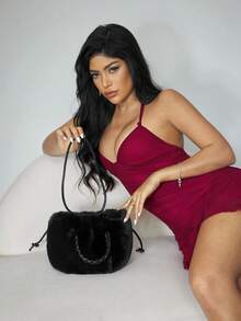 CUCCOO SZL New 2025 Women's Fashion Shoulder Bag, Small Niche Design Crossbody Bag, Casual & Versatile Minimalist Stylish Handbag With Soft Fuzzy Material, Solid Color Design, Snap Closure, Comfortable Long Strap, Roomy Space, Bucket/Cloud-Shaped Design For Autumn/Winter - Black - View 1