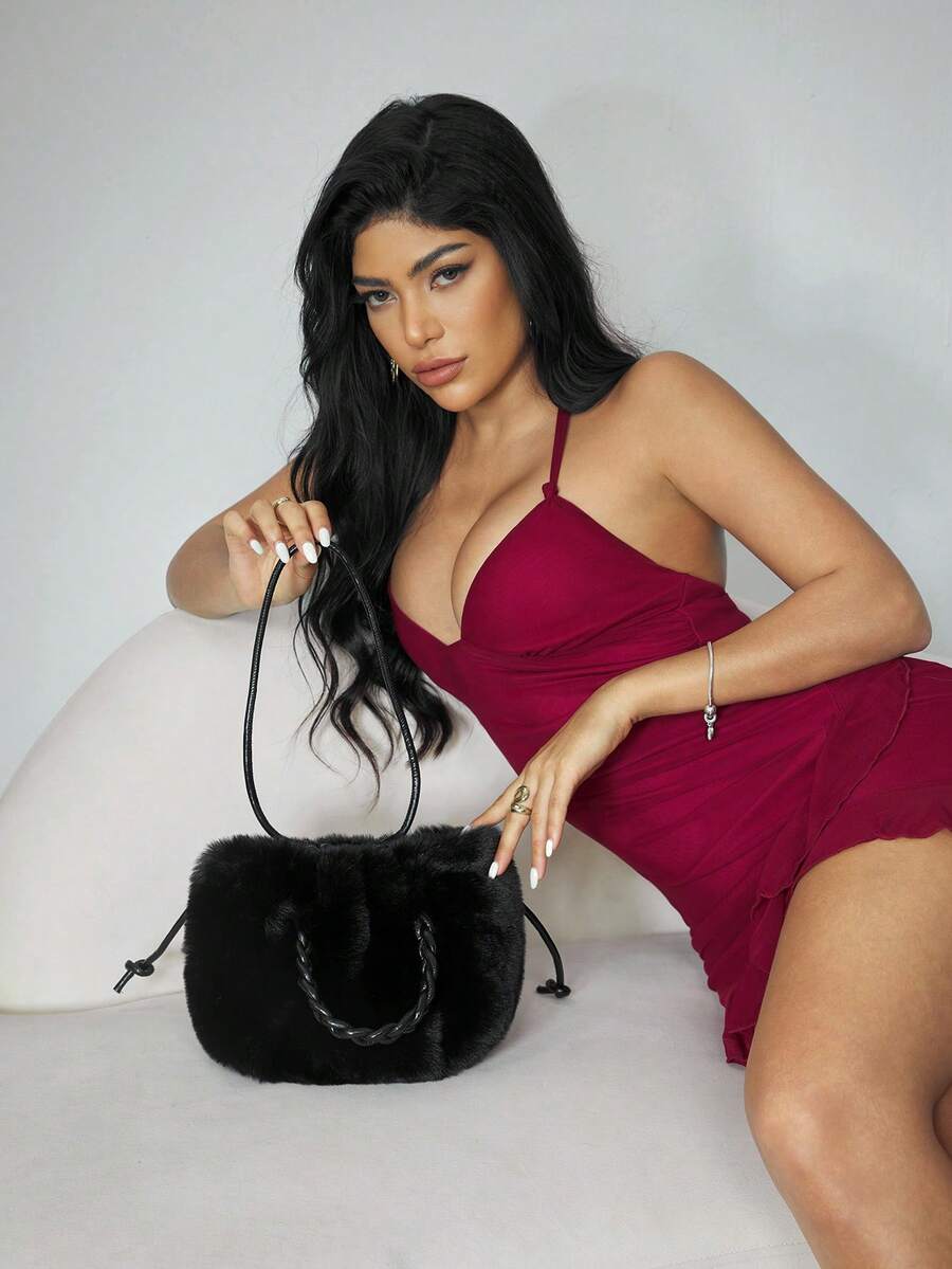 CUCCOO SZL New 2025 Women's Fashion Shoulder Bag, Small Niche Design Crossbody Bag, Casual & Versatile Minimalist Stylish Handbag With Soft Fuzzy Material, Solid Color Design, Snap Closure, Comfortable Long Strap, Roomy Space, Bucket/Cloud-Shaped Design For Autumn/Winter - Black - View 1