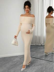 Momance Women's Slim Fit Off Shoulder Extra Long Maxi Length Long Sleeve Pullover Maternity Sweater Dress - Apricot - View 8