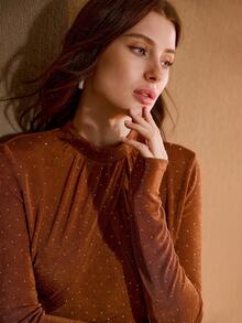 MOTF PREMIUM ÁO DÀI TAY CẠO HÌNH ĐÁ NHÂN TẠO CHỮ CHỮ THẬP, MÀU NÂU MÙA THU/ĐÔNG, THỜI TRANG & ĐA NĂNG - màu nâu - Xem 7