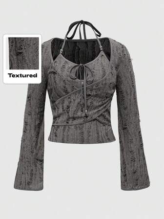 ROMWE Avant Plus Size Avant Garde Distressed Criss-Cross Strap Design Camisole Top, Sexy Punk Rock Chic For Women, Autumn/Winter Plus Size Punk New Wave Plus Size Tops, Plus Size Women Long Sleeve Blouse
