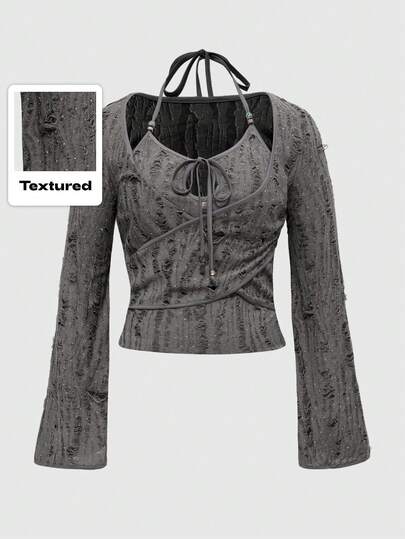 ROMWE Avant Top de tirantes cruzados con diseño desgarrado de vanguardia para tallas grandes, sexy y con estilo punk rock para mujeres, blusas de manga larga de otoño/invierno de tallas grandes con estilo punk new wave para mujeres de tallas grandes