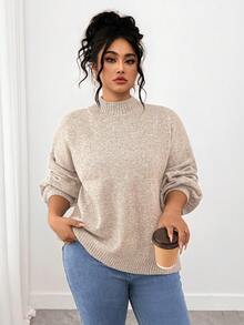 SHEIN Tall CURVE Áo len dài tay cổ tròn hở vai cỡ lớn thường ngày - Màu be - Xem 5