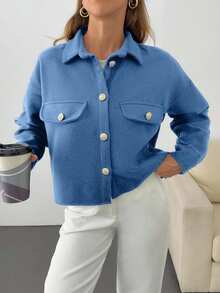 EURMUSE Solid Color, Gold Button Details, Coat - Blue - View 5