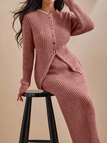EURMUSE Women Solid Color Front Button Rib Knit Cardigan & Sweater Skirt Set - Dusty Pink - View 5