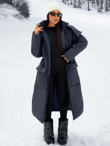 SHEIN Women's Puffer Hooded Versatile Padded Coat, Winter Women Clothes, Padded Coat Women, Casual Long Padded Coat - Navy Blue - View 1