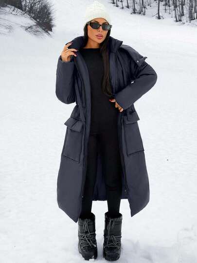 SHEIN Women's Puffer Hooded Versatile Padded Coat, Winter Women Clothes, Padded Coat Women, Casual Long Padded Coat