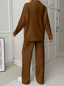 EURMUSE Woman Loose Fit Comfy Warm Thick Polo Neck Sweater And Pants Co-Ords Two Pieces Set - Camel - View 2