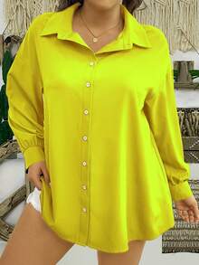 EMERY ROSE Plus Size Solid Color Drop Shoulder Long Sleeve Casual Button Front Loose Blouse For Women - Yellow - View 5