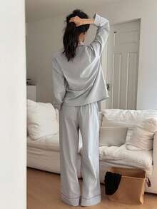 DAZY 2pcs Dog Pattern Striped Contrast Trim Loose Long Sleeve Women Pajama Set, Fall & Winter Clothes - Blue - View 2