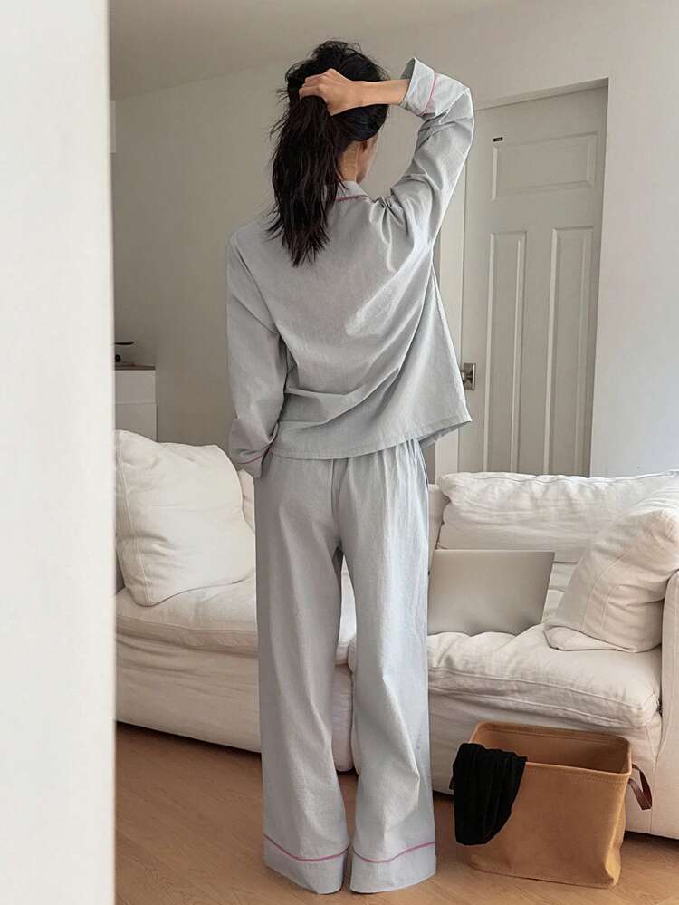2pcs Dog Pattern Striped Contrast Trim Loose Long Sleeve Women Pajama Set, Fall & Winter Clothes