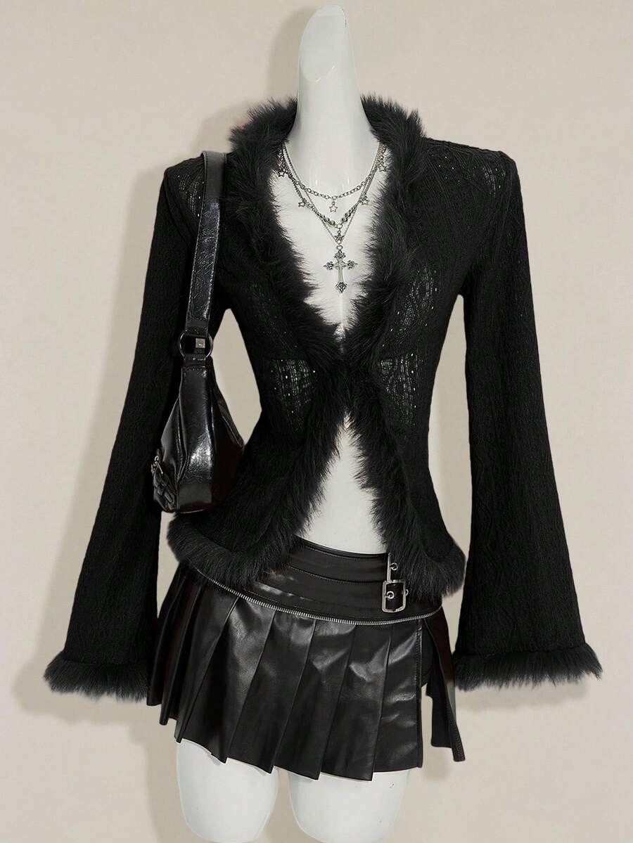 SHEIN ICON Women's Retro Bohemian Sexy Y2K Knit Jacquard Patchwork Fur Collar Brown T-Shirt,Black Top - Black - View 1