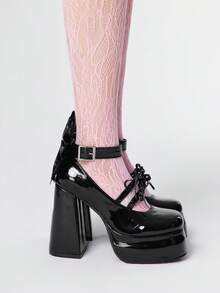 ROMWE Kawaii 女式黑色高跟玛丽珍鞋，带绑带，防水台，洛丽塔哥特式蝴蝶结甜美 JK 风格浅口鞋 - 黑色 - 查看 4