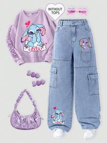 SHEIN ChillGRL Tween Girls' One-Piece Denim Pants With Pockets & Rabbit Print, Vintage Streetwear Casual Trousers, Relaxed Fit, Comfortable Elastic Waist, Versatile For Daily, School, Vacation, Hanging Out Fall Winter - Light Wash - View 1