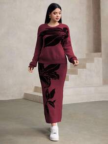 Modelyn 女士花卉图案针织毛衣和半裙两件套，时尚秋冬装 - 酒紅色 - 查看 4