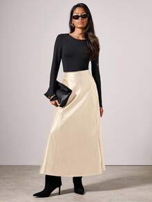 COSMINA 女士优雅透气纯色长款PU裙，秋冬款 - 卡其色 - 查看 2