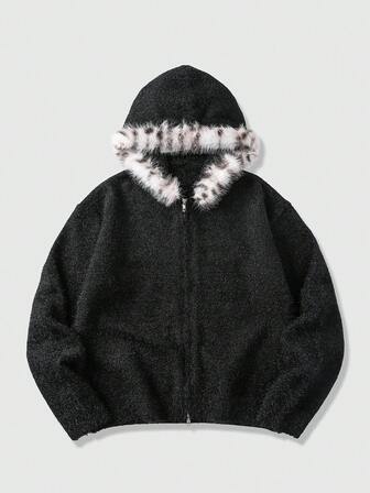 Street Life Men's Fluffy Collar Zip-Up Hooded Cardigan, Loose Fit