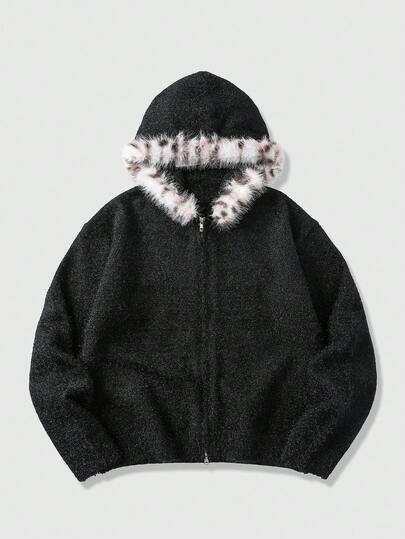 Street Life Men's Fluffy Collar Zip-Up Hooded Cardigan, Loose Fit