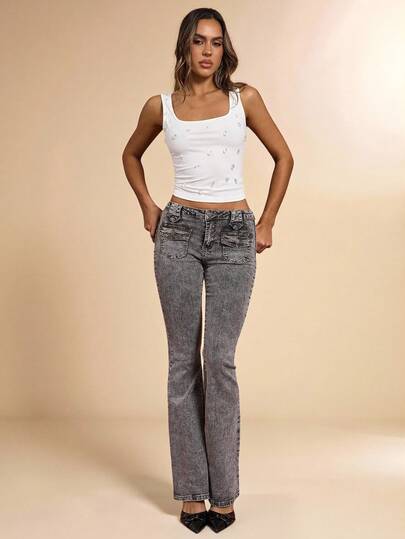 SHEIN BAE Women's Casual Washed Low Waist Flared Jeans