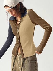 Bohemela Casual Knit Patchwork Long Sleeve Fitted Women Top - Multicolor - View 6