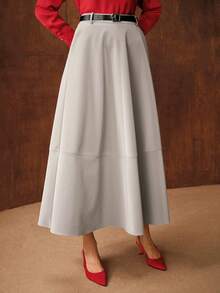 MOTF PREMIUM 女士PU纹理A字半身裙，简约设计 - 灰色 - 查看 5