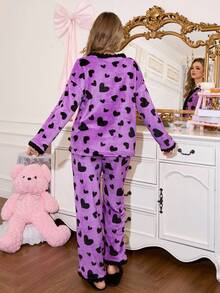 SHEIN 女士甜美撞色爱心口袋纽扣舒适睡衣套装，蓬松冬装 - 紫色 - 查看 2