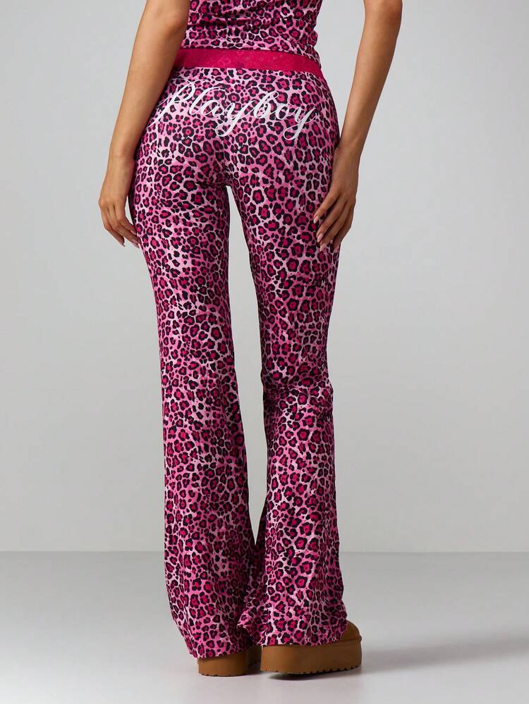 Missguided x Playboy Pantalones acampanados de tiro alto con estampado de leopardo, pantalones casuales de pierna ancha y bota ancha de moda