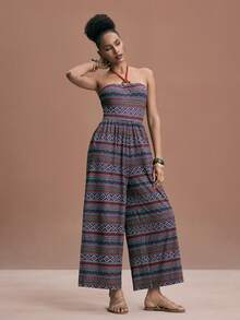 JIAN LASALA Macacão feminino boho de malha, sem mangas, com estampa multicolorida, decote halter com argola, pernas largas e estilo elegante para Ibiza. Trajes africanos para mulheres, roupas africanas femininas, looks caribenhos para mulheres, macacão estampado, macacão boho feminino, macacão de praia feminino, macacão tomara que caia feminino, macacão boho feminino, macacão cropped, macacão feminino de pernas largas para praia e casamento. - Multicolorido - Ver 6