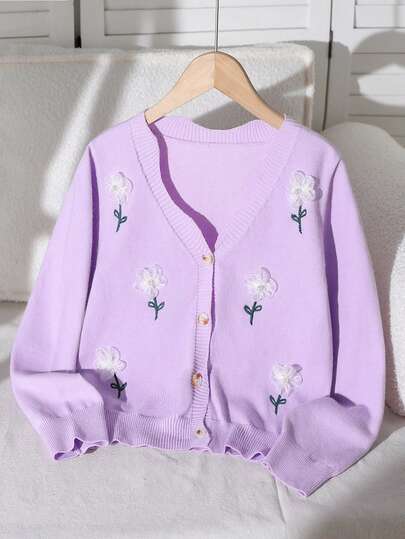 Tween Girls Cardigans, Purple, Spring/Autumn/Winter, Ruffled Collar, Embroidery, Organza, Pearl, Long Sleeve, V-Neck, Button Front, Soft & Comfortable, Suitable For Outings, Gatherings, Entertainment, Daily Wear, Travel, Vacation, Home, Daycare, Kids Play Little Girl Cardigans Children Cardigan Cardigan Young Girls Purple Kids Sweaters For Girls Button Girl Cardigan Sweater Kids Girl Cardigan Sweater Cardigan With Buttons Girls Floral Embroidered Cardigan Purple Cardigan Girls