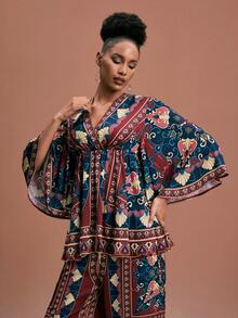JIAN LASALA Mehrfarbiges Boho-Lässig-Top mit V-Ausschnitt, elastischem Bund, weiten Ärmeln und Allover-Muster für Frauen, ideal für Urlaub und Ferien, afrikanischer Muster, elegantes Ibiza-Grafik-Top - Verschiedenfarbig - Übersicht 1