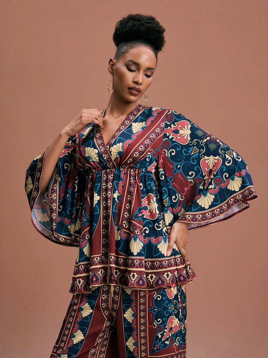 JIAN LASALA Mehrfarbiges Boho-Lässig-Top mit V-Ausschnitt, elastischem Bund, weiten Ärmeln und Allover-Muster für Frauen, ideal für Urlaub und Ferien, afrikanischer Muster, elegantes Ibiza-Grafik-Top - Verschiedenfarbig - Übersicht 1