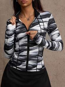 Dewbera Sporty Fashionable Water Wave Print Jacket, Functional Splicing, Slim Fit Stand Collar Thumb Hole Long Sleeve Top Zip Up Active Jacket - Black - View 2