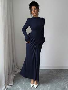 SHEIN Elenzya 秋冬新款法式/欧式优雅立领褶皱修身鸡尾酒连衣裙，设计精致，适合独立日穿着 - 藏蓝色 - 查看 5