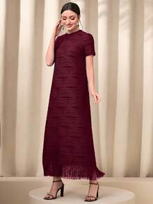 Modelyn Fringe Hem Solid Dress Maxi Women Outfit - Burgundy - View 4